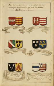 135411 Afbeelding van de wapenschilden van zes Utrechtse ridderhofsteden en hun bezitters: linksboven Amelisweerd / ...